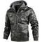 Mens Vintage Faux Leather Motorcycle Jacket, with Removable Hood, Camouflage Lining, Windproof Bomber Coat, Casual Styl