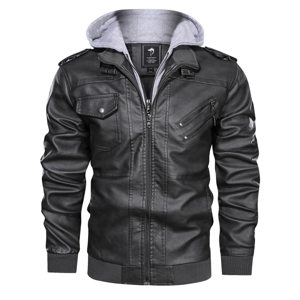 Mens Vintage Faux Leather Motorcycle Jacket, with Removable Hood, Camouflage Lining, Windproof Bomber Coat, Casual Styl