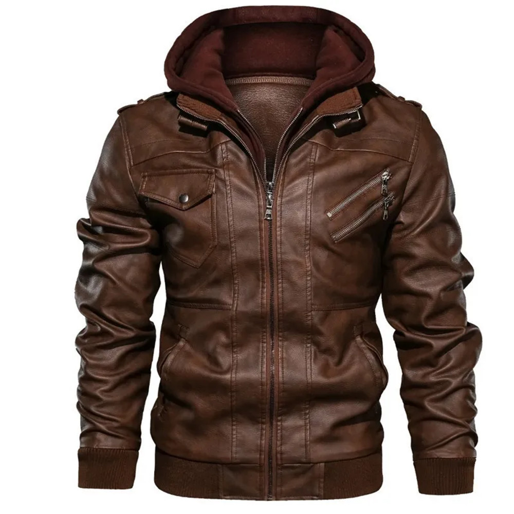 Mens Vintage Faux Leather Motorcycle Jacket, with Removable Hood, Camouflage Lining, Windproof Bomber Coat, Casual Styl