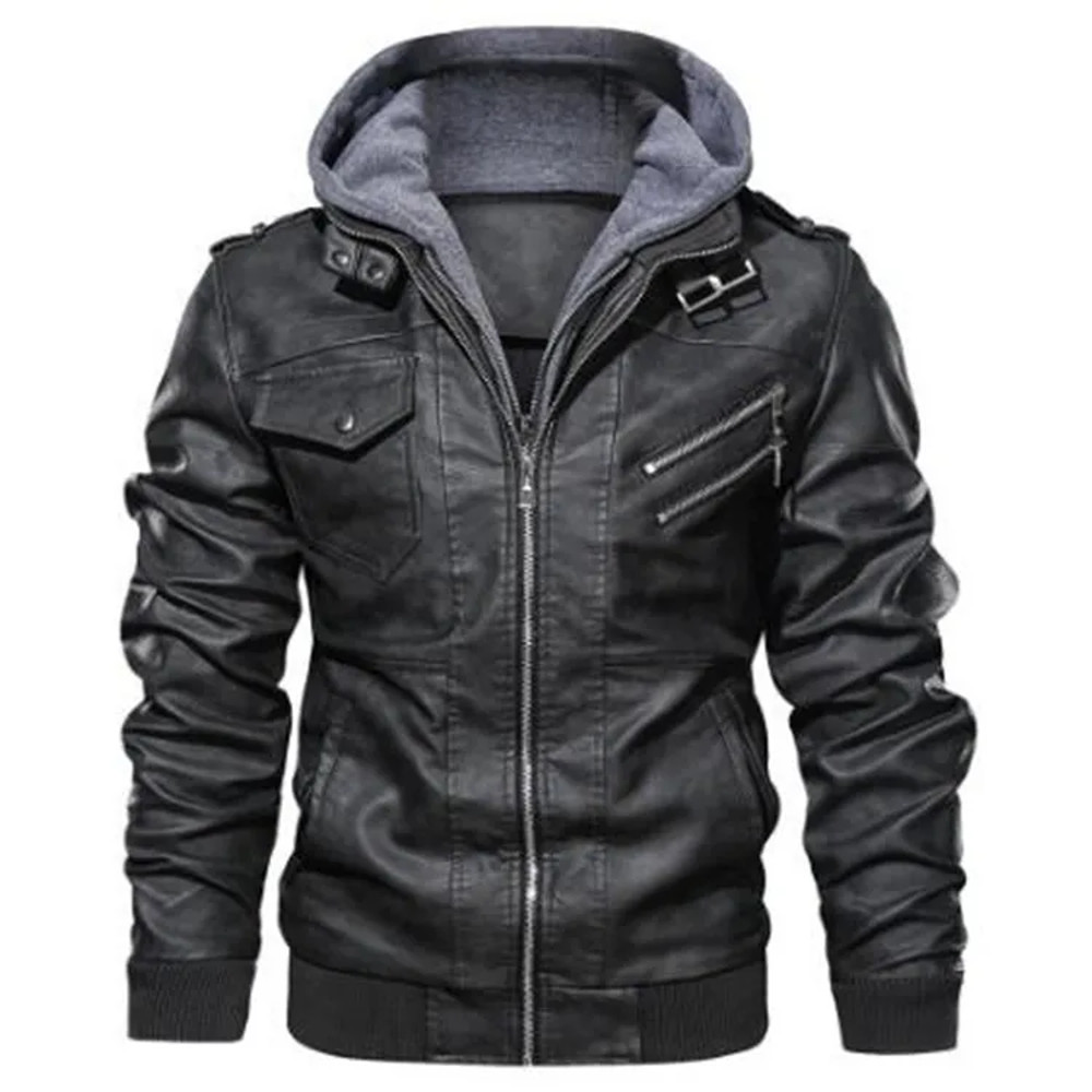 Mens Vintage Faux Leather Motorcycle Jacket, with Removable Hood, Camouflage Lining, Windproof Bomber Coat, Casual Styl