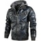 Mens Vintage Faux Leather Motorcycle Jacket, with Removable Hood, Camouflage Lining, Windproof Bomber Coat, Casual Styl