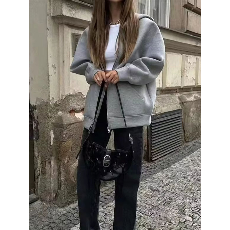 Winter Womens Oversized Hoodie Coat, High Street Zipper Jacket, Loose Fit Sweatshirt with Double Pockets, Outerwear Top