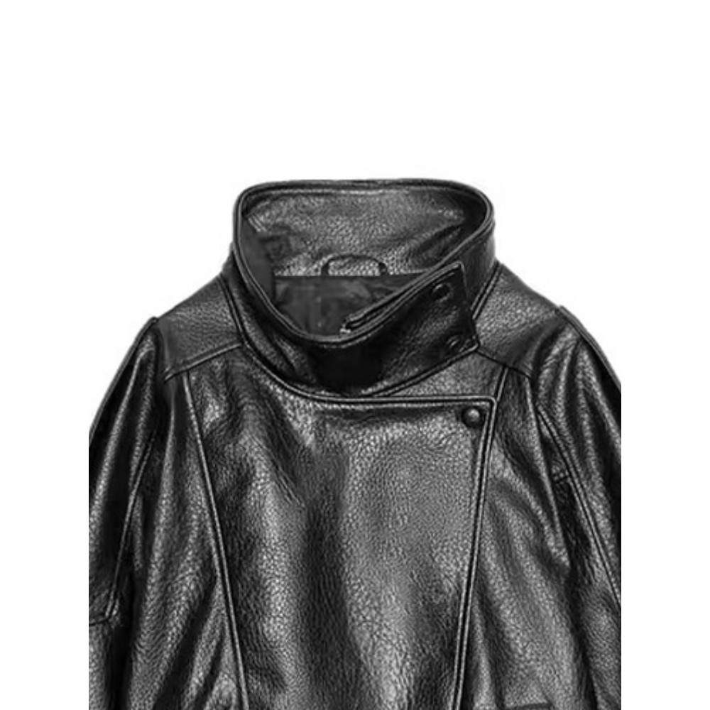 Women's Black PU Leather Jacket, Stand Collar, Asymmetric Front, Elastic Hem, Casual Cropped Outerwear