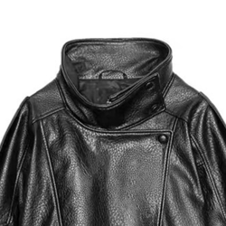 women's black pu leather jacket, stand collar, asymmetric front, elastic hem, casual cropped outerwear