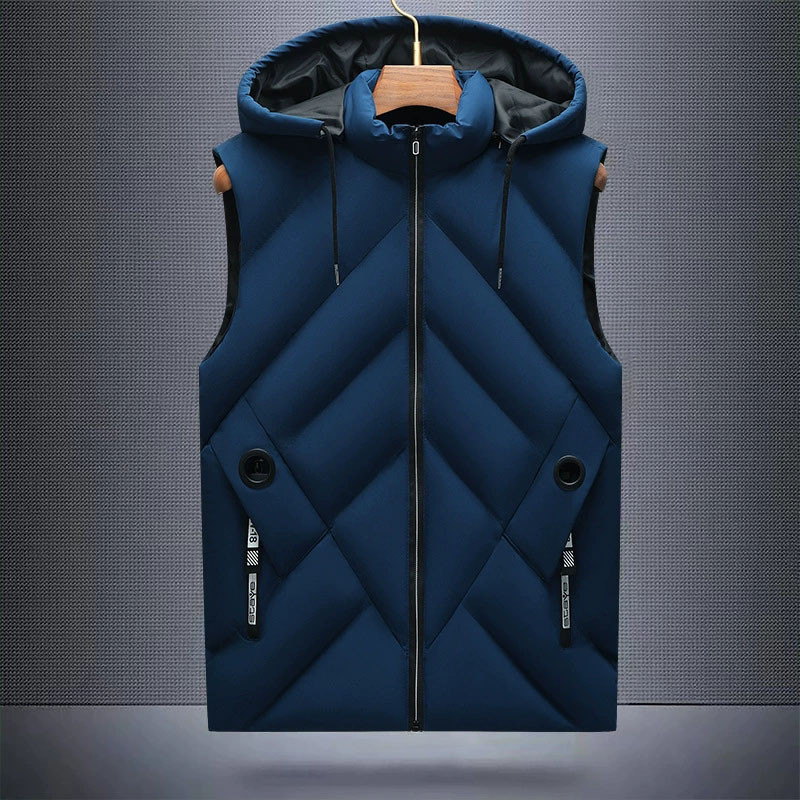 Men's Winter Down Vest, Waterproof, Hooded with Detachable Hat, Stand Up Collar Sleeveless Coat, Casual Waistcoat