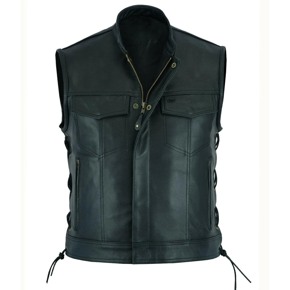 Mens Punk Fashion Leather Vest Motorcycle Biker Vest Solid Casual Coat For Men Fleet Style 1
