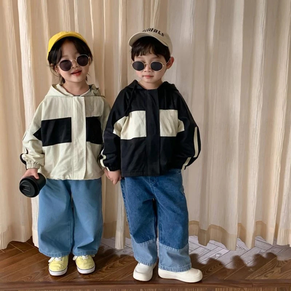 Kids Windbreaker, Boys and Girls Jacket, Spring Autumn Thin Coat, Casual Hooded Zipper, Patchwork Letter Design