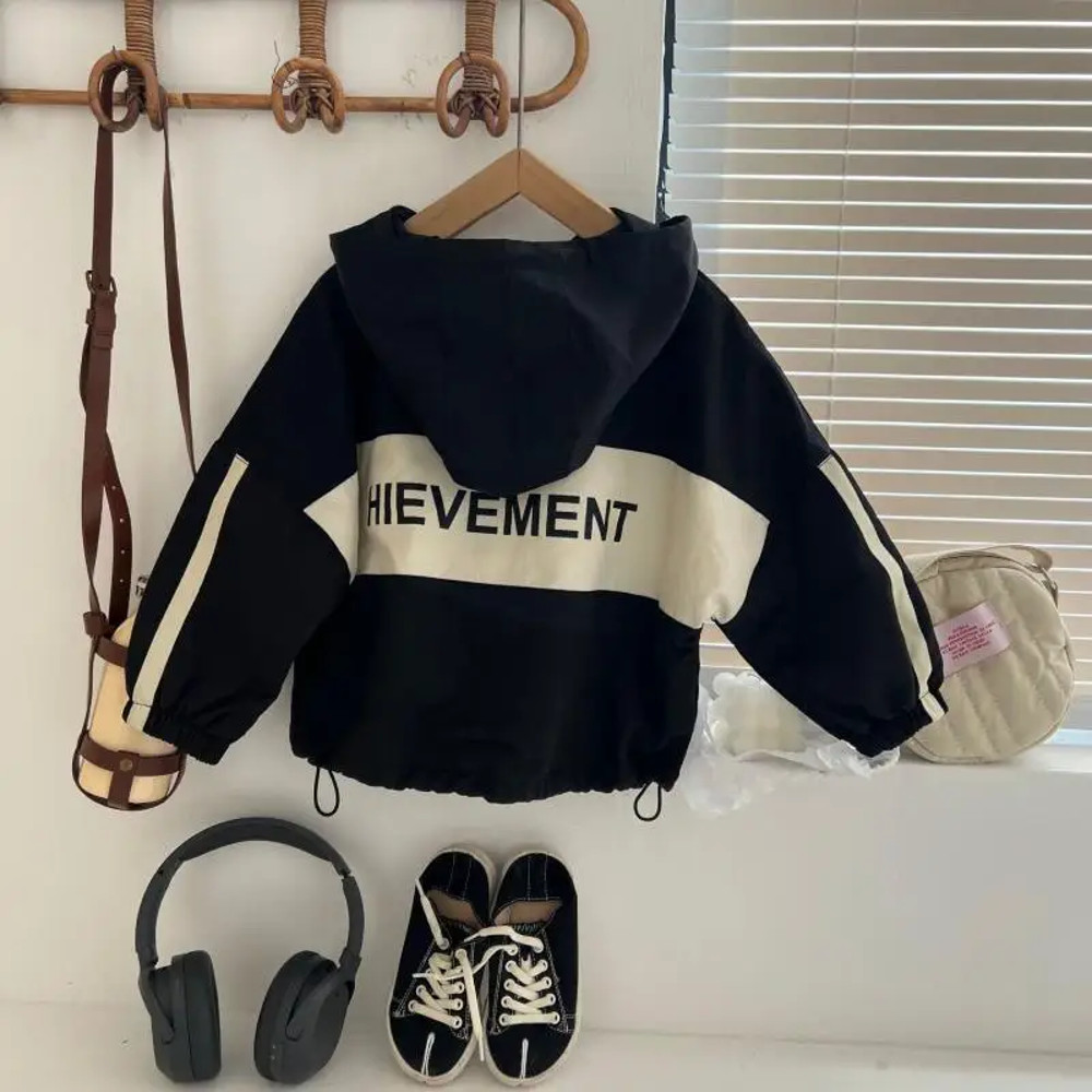 Kids Windbreaker, Boys and Girls Jacket, Spring Autumn Thin Coat, Casual Hooded Zipper, Patchwork Letter Design