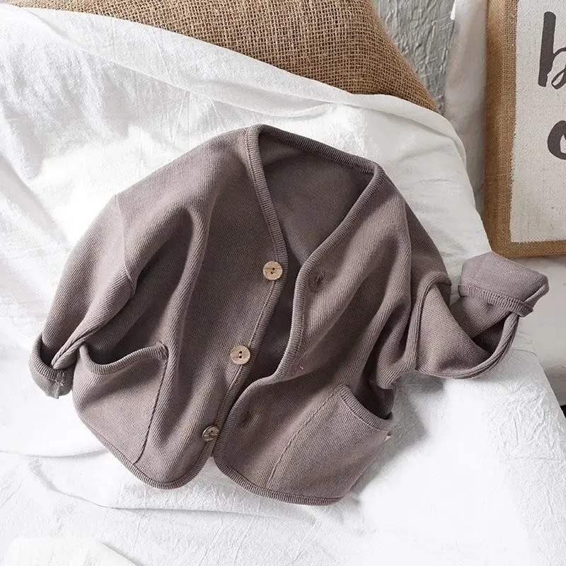 Autumn Style Cardigan for Kids, Loose Fit, Long Sleeve, Pure Cotton Casual Jacket, Solid Color Top for Boys and Girls