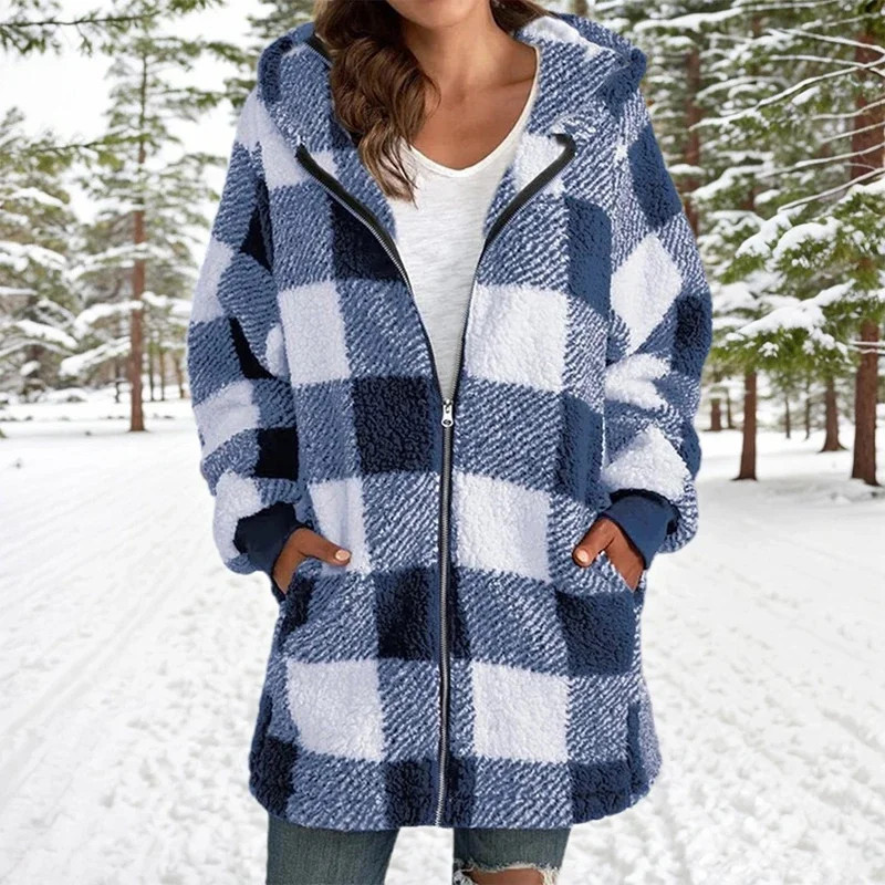 Winter Plush Jacket for Women, Plus Size Patchwork Hooded Outwear, Fashion Plaid and Striped Design, Long Sleeved