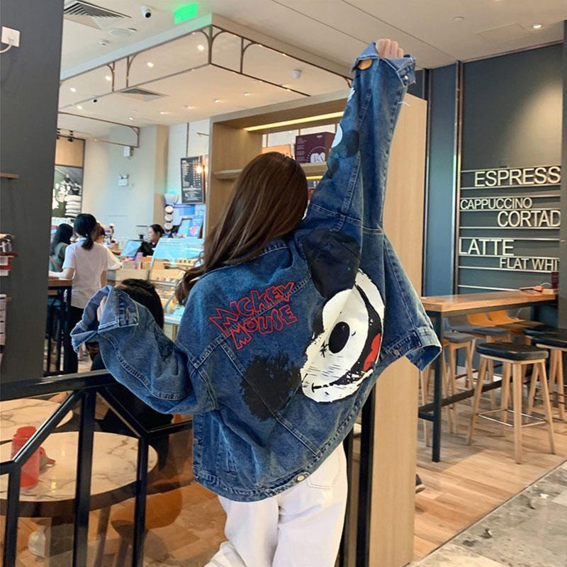 Womens Disney Denim Jacket, Loose Korean Style, Mickey Mouse Print, Large Size Fashion for Spring and Autumn