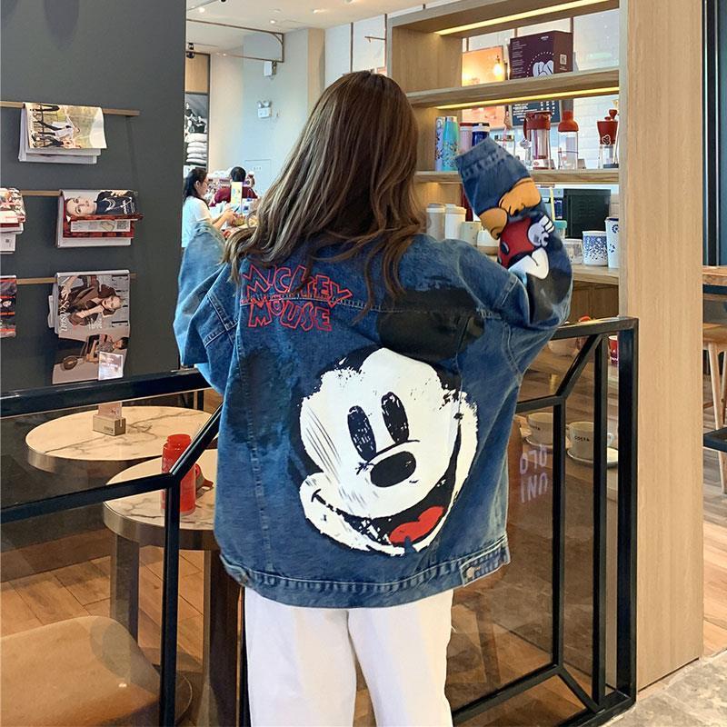 Womens Disney Denim Jacket, Loose Korean Style, Mickey Mouse Print, Large Size Fashion for Spring and Autumn
