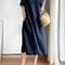 Summer Linen Midi Dress, Loose Fit, High Waist, A-Line, Short Sleeve