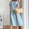 Summer Linen Midi Dress, Loose Fit, High Waist, A-Line, Short Sleeve