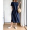 Summer Linen Midi Dress, Loose Fit, High Waist, A-Line, Short Sleeve
