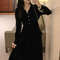 Retro Black Velvet Dress, Hepburn Style V Neck, Slim Fit Long Skirt for Autumn Winter