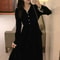 Retro Black Velvet Dress, Hepburn Style V Neck, Slim Fit Long Skirt for Autumn Winter