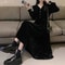 Retro Black Velvet Dress, Hepburn Style V Neck, Slim Fit Long Skirt for Autumn Winter