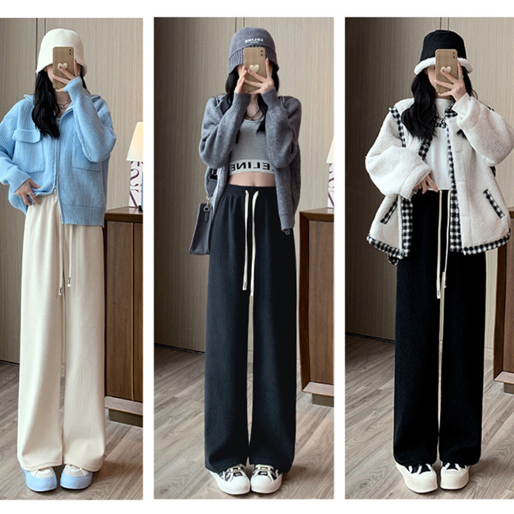 Winter Women Fleece Pants, Wide Leg Trousers, Thicken Warm Elastic Waist, Casual Loose Long Bottoms