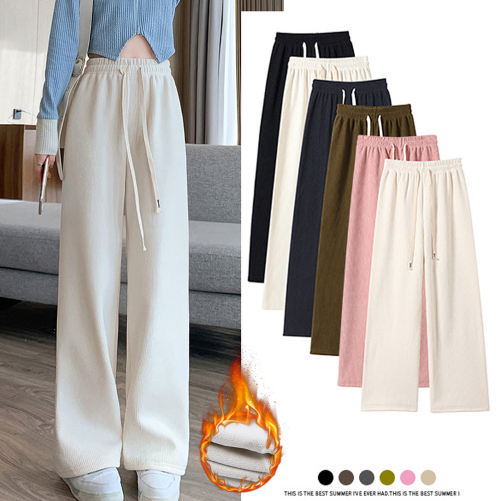 Winter Women Fleece Pants, Wide Leg Trousers, Thicken Warm Elastic Waist, Casual Loose Long Bottoms