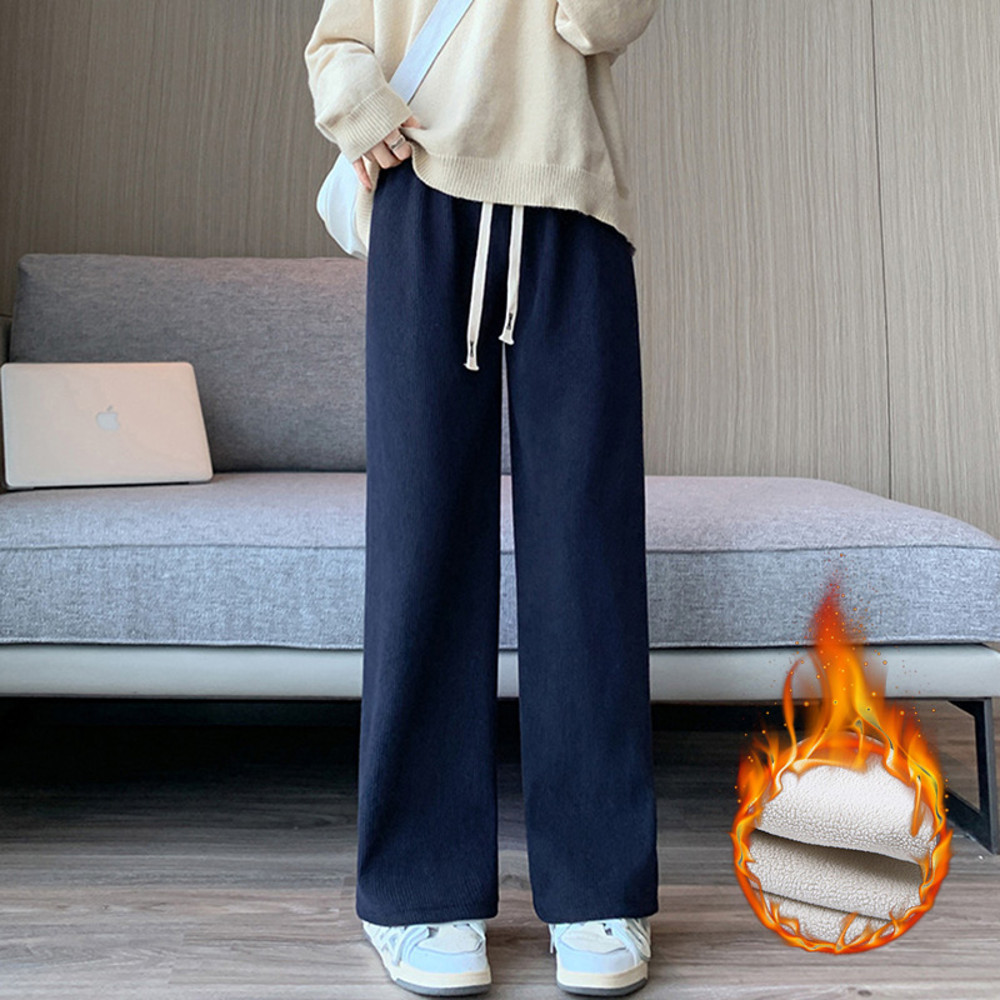 Winter Women Fleece Pants, Wide Leg Trousers, Thicken Warm Elastic Waist, Casual Loose Long Bottoms