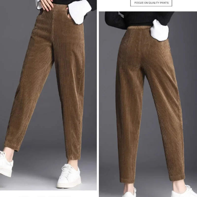 Women's High Waist Corduroy Pants, Thick Plush Warm Leggings, Casual Harem Trousers for Autumn Winter