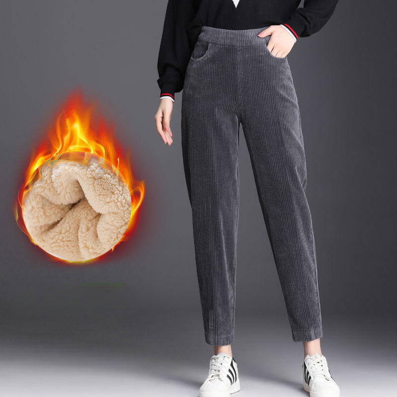 Women's High Waist Corduroy Pants, Thick Plush Warm Leggings, Casual Harem Trousers for Autumn Winter