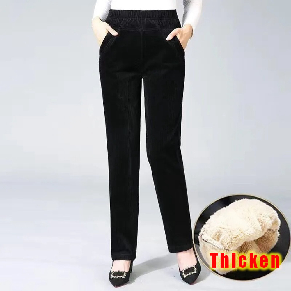 Elegant Women's High Waist Pencil Pants, Plush Fleece Lined Trousers for Autumn Winter, Thick Thin Corduroy Leggings