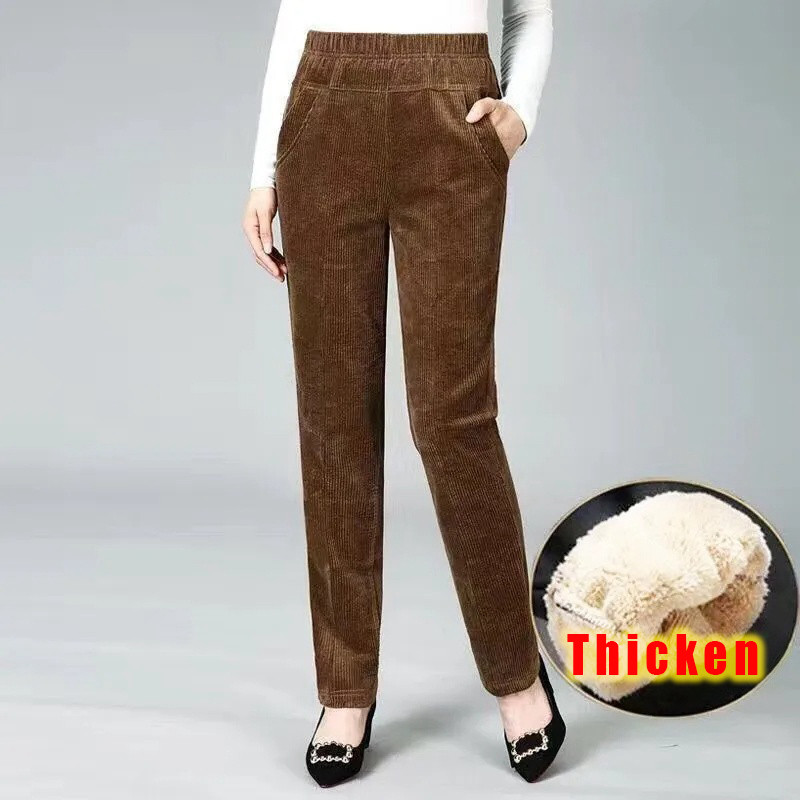 Elegant Women's High Waist Pencil Pants, Plush Fleece Lined Trousers for Autumn Winter, Thick Thin Corduroy Leggings