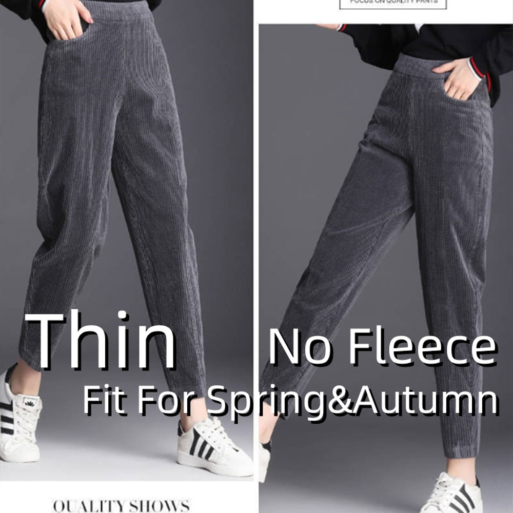 Elegant Women's High Waist Pencil Pants, Plush Fleece Lined Trousers for Autumn Winter, Thick Thin Corduroy Leggings