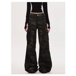 women's high waist loose fit jeans, american straight leg trousers, multi pocket cargo overalls