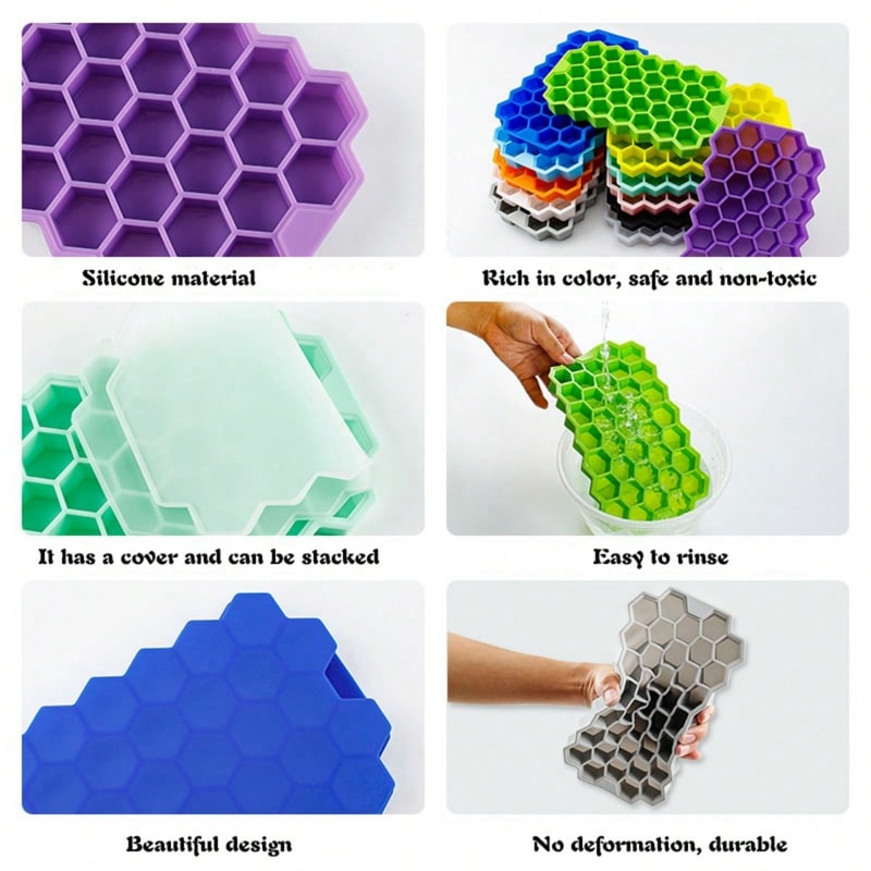 Premium Honeycomb Silicone Ice Tray With Cover Easy Release Stackable Ice Cube Mold 4