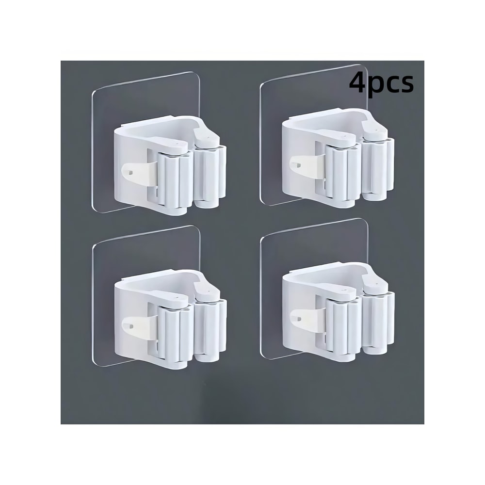 Premium Wall Mounted No Drill Mop Holder & Self Adhesive Mop Holder Clip Set Strong Anti Slip Organizers
