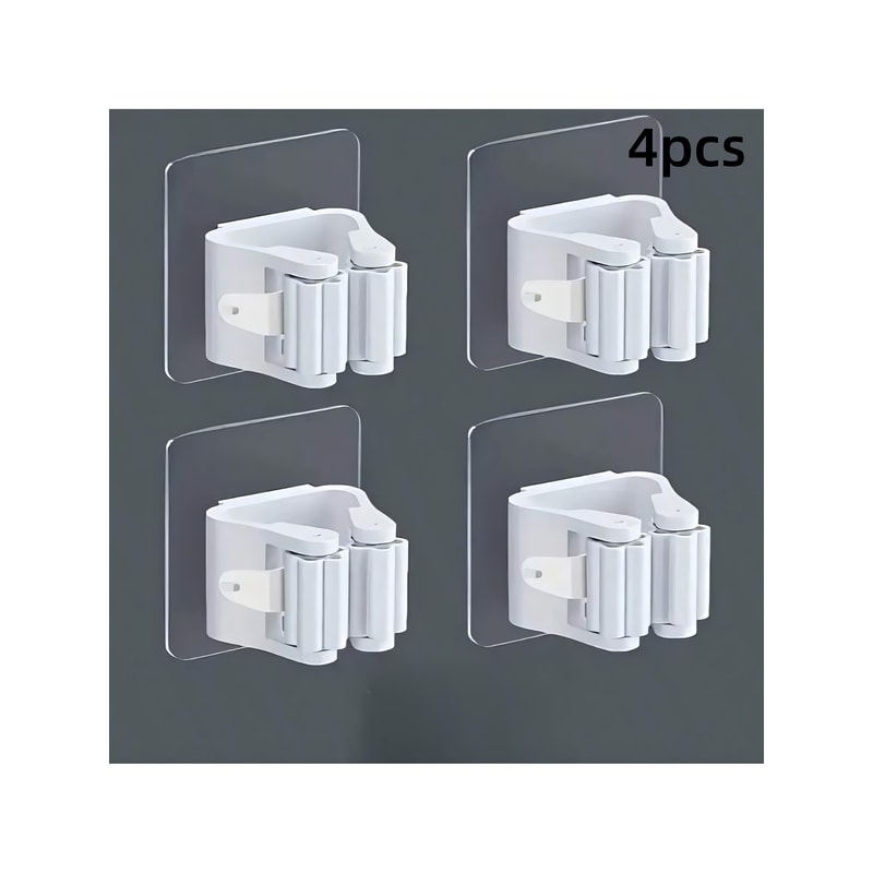 Premium Wall Mounted No Drill Mop Holder & Self Adhesive Mop Holder Clip Set Strong Anti Slip Organizers