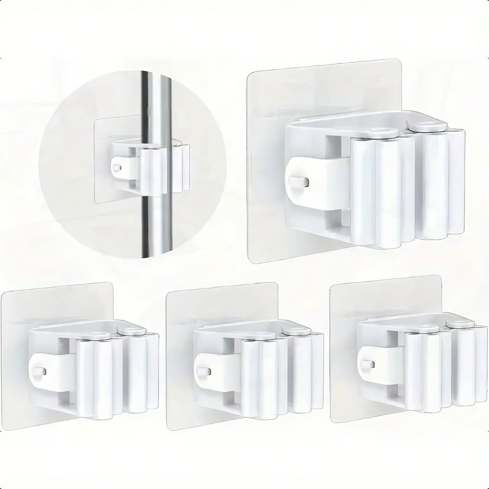 Premium Wall Mounted No Drill Mop Holder & Self Adhesive Mop Holder Clip Set Strong Anti Slip Organizers