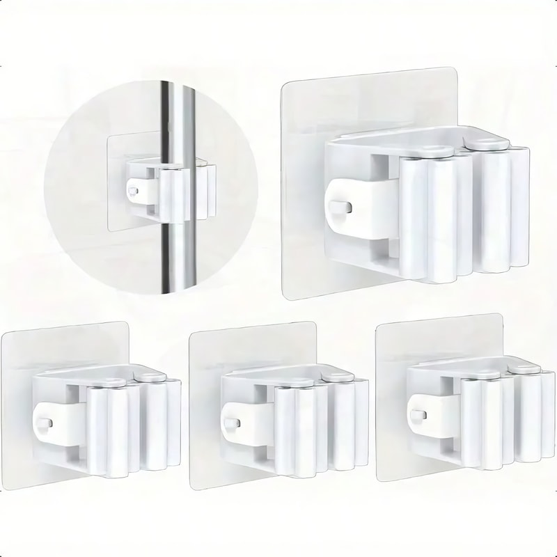Premium Wall Mounted No Drill Mop Holder & Self Adhesive Mop Holder Clip Set Strong Anti Slip Organizers
