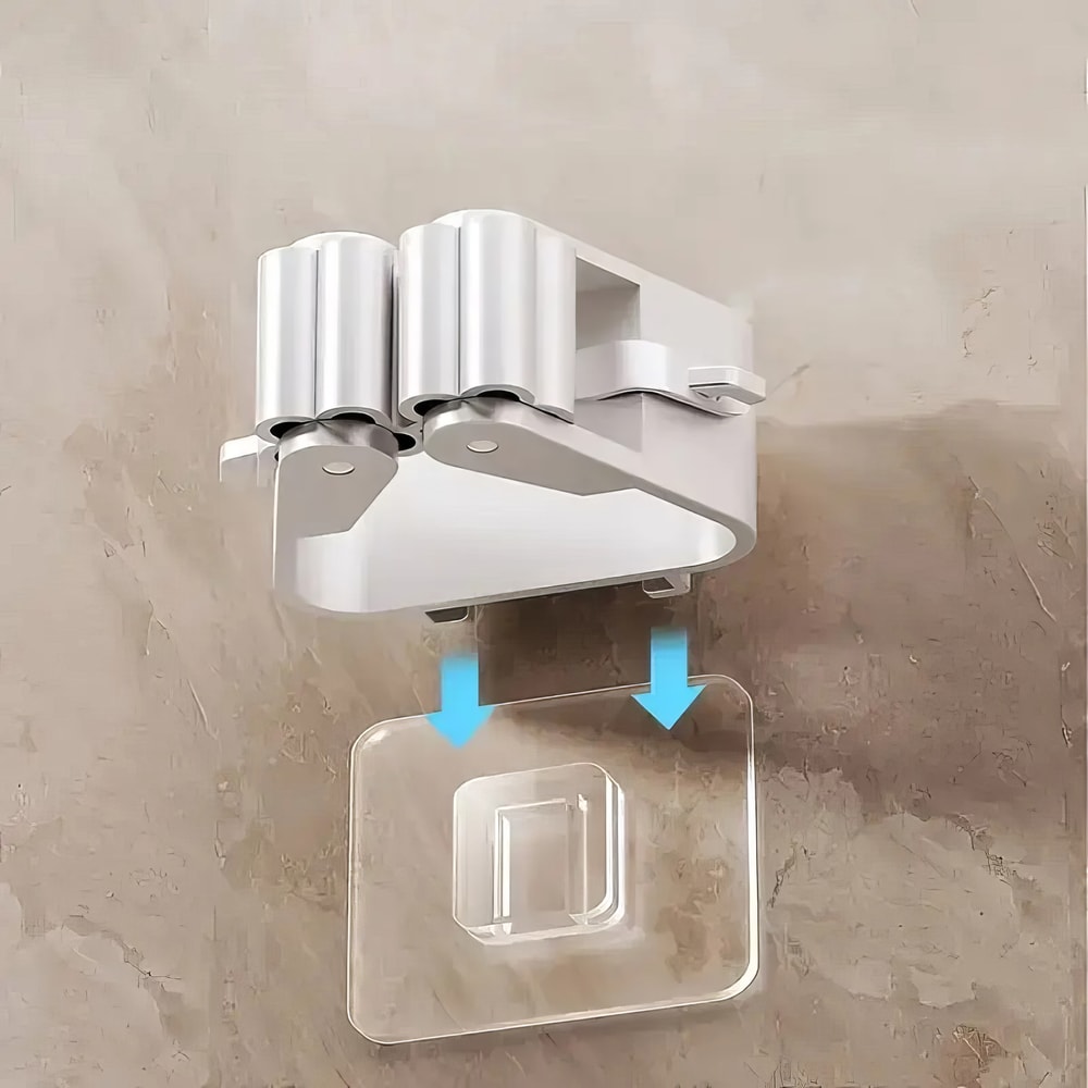 Premium Wall Mounted No Drill Mop Holder & Self Adhesive Mop Holder Clip Set Strong Anti Slip Organizers
