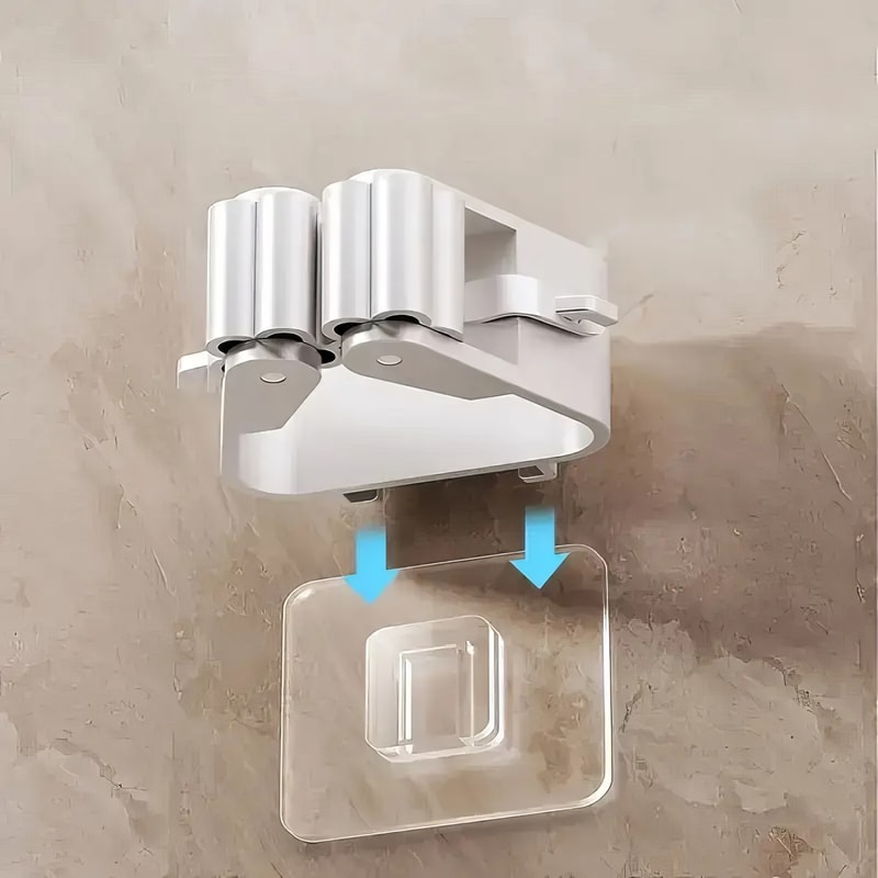 Premium Wall Mounted No Drill Mop Holder & Self Adhesive Mop Holder Clip Set Strong Anti Slip Organizers