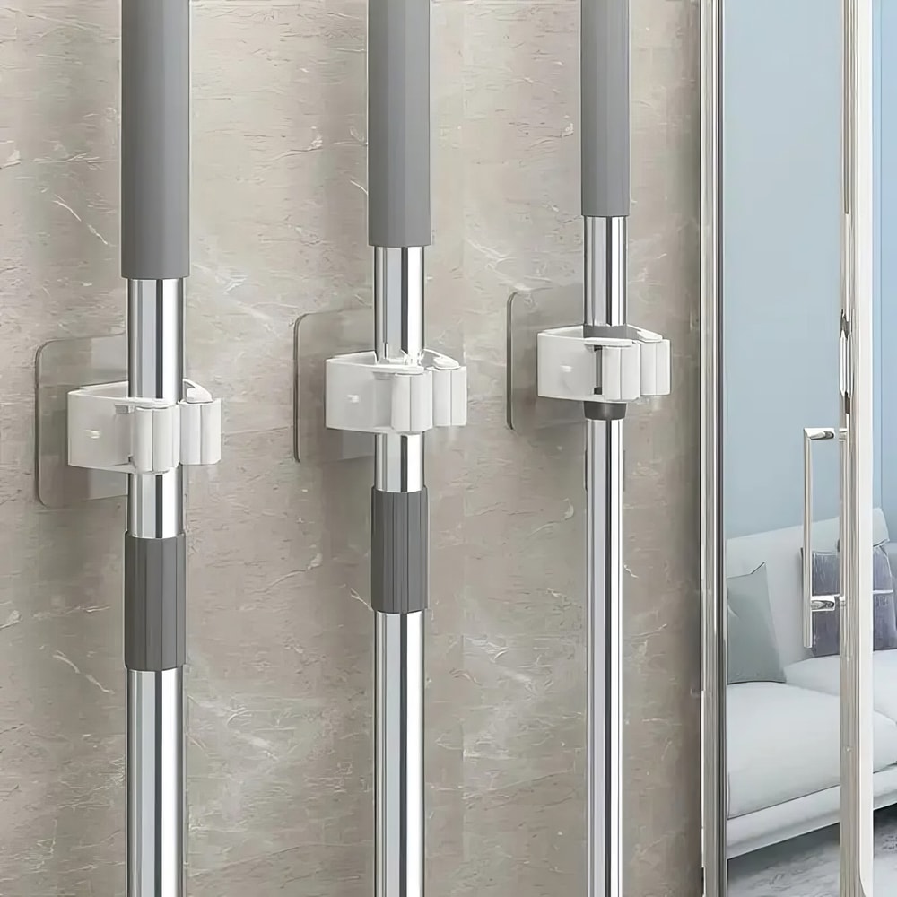 Premium Wall Mounted No Drill Mop Holder & Self Adhesive Mop Holder Clip Set Strong Anti Slip Organizers