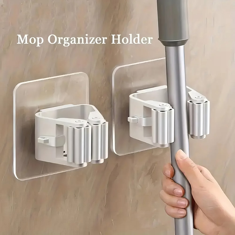 Premium Wall Mounted No Drill Mop Holder & Self Adhesive Mop Holder Clip Set Strong Anti Slip Organizers
