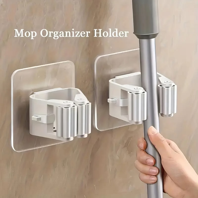 Premium Wall Mounted No Drill Mop Holder & Self Adhesive Mop Holder Clip Set Strong Anti Slip Organizers