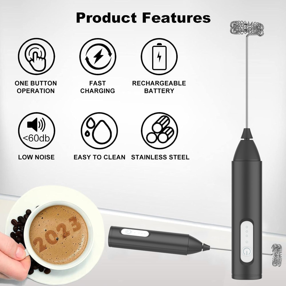 USB Rechargeable Milk Frother Wand Speeds and Dual Whisks for Coffee & Match