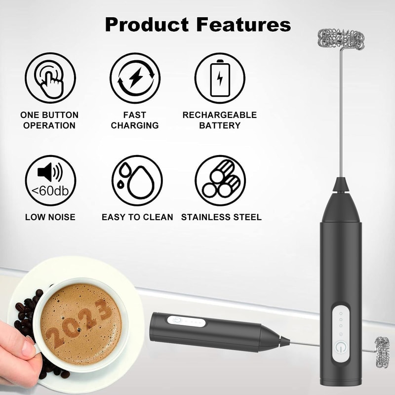 USB Rechargeable Milk Frother Wand Speeds and Dual Whisks for Coffee & Match