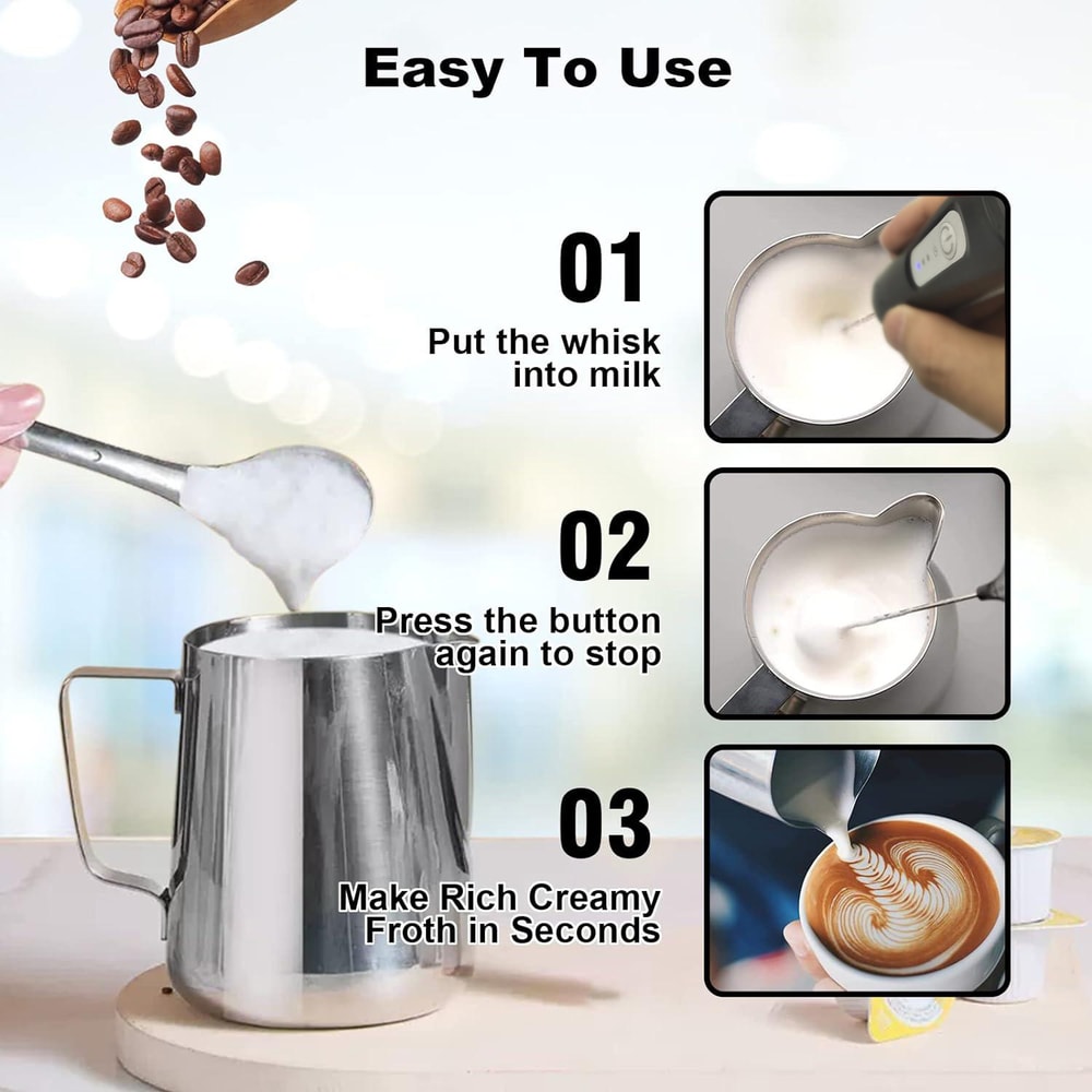 USB Rechargeable Milk Frother Wand Speeds and Dual Whisks for Coffee & Match