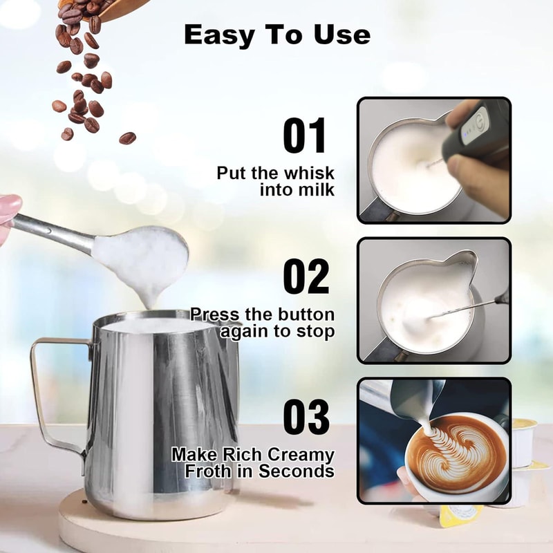 USB Rechargeable Milk Frother Wand Speeds and Dual Whisks for Coffee & Match