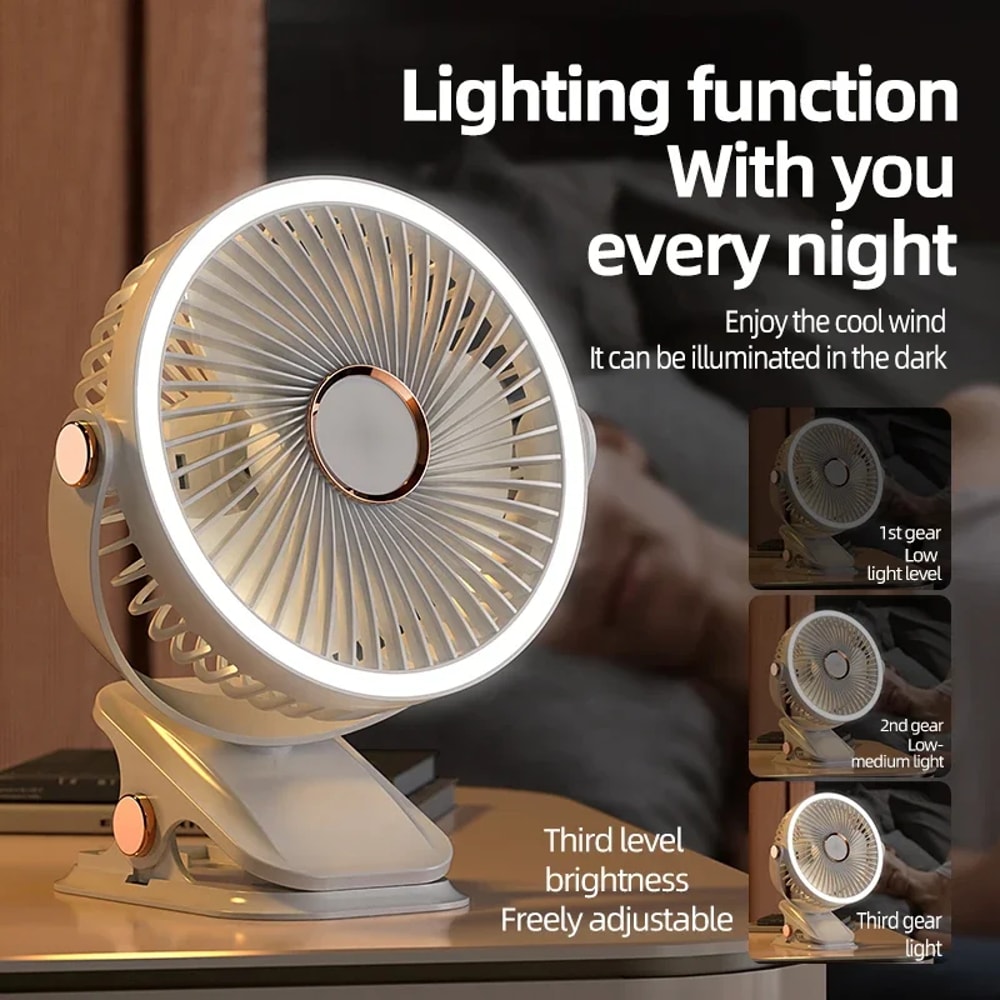 Rechargeable Camping Fan With LED Light Portable Clip On Desk And Ceiling Air Circulator 1