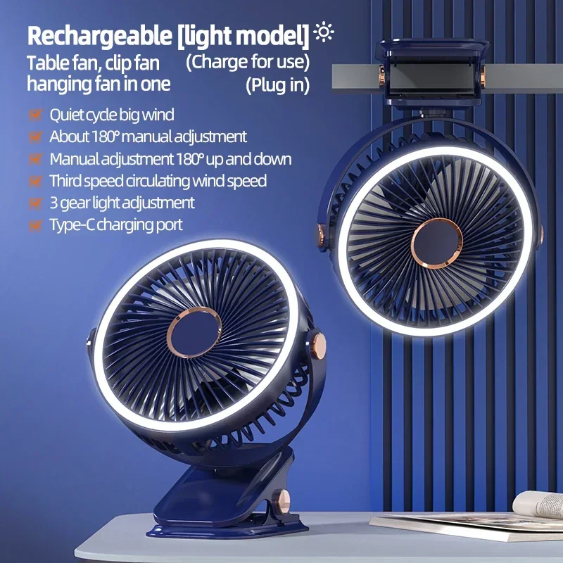 Rechargeable Camping Fan With LED Light Portable Clip On Desk And Ceiling Air Circulator 4