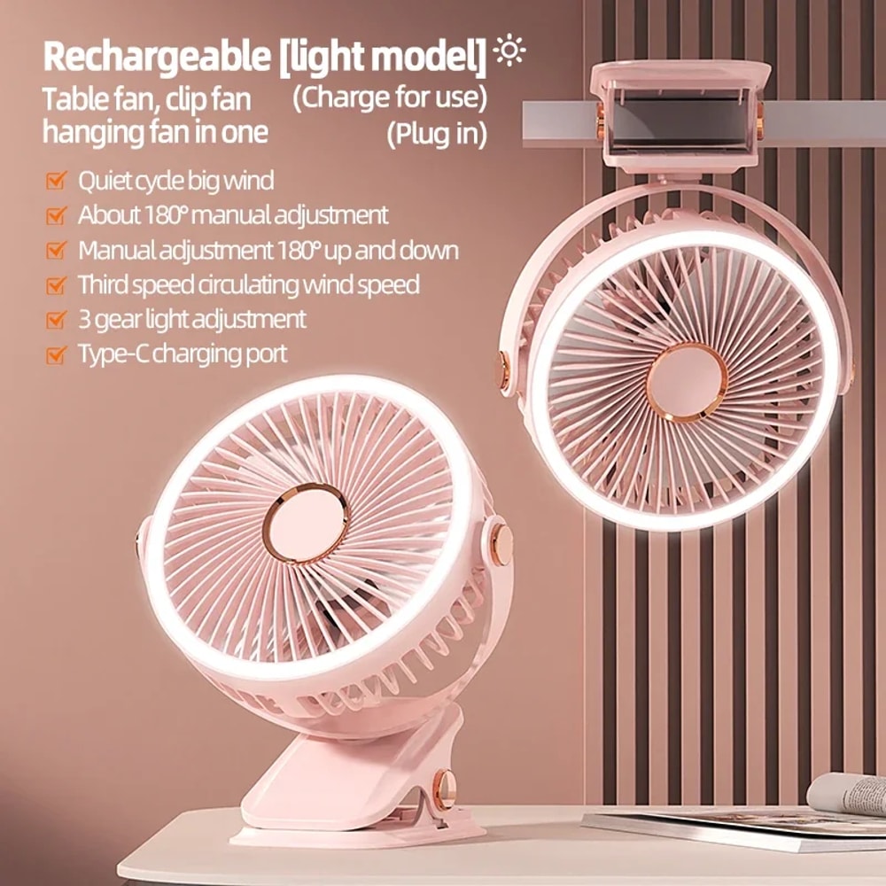 Rechargeable Camping Fan With LED Light Portable Clip On Desk And Ceiling Air Circulator 5