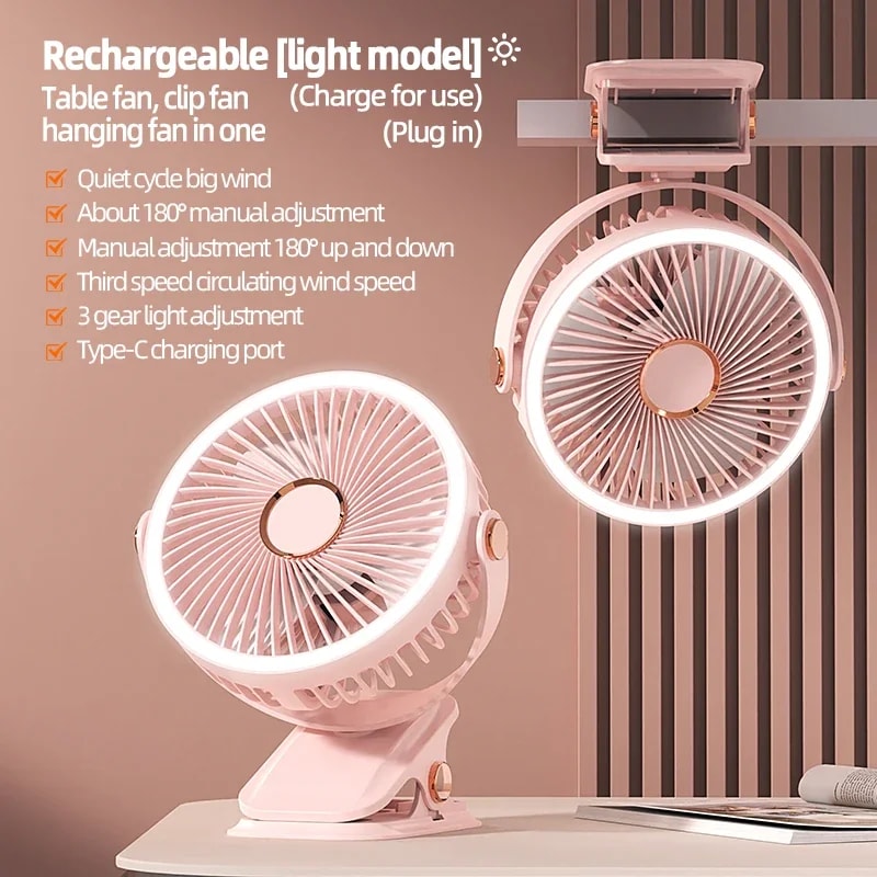 Rechargeable Camping Fan With LED Light Portable Clip On Desk And Ceiling Air Circulator 5