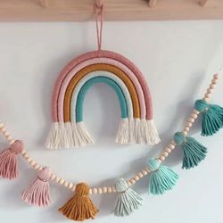 Nordic Rainbow Wall Hanging and Wood Tassel Banner for Nursery Decor